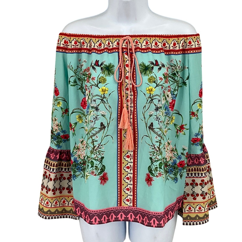 Umgee Top Womens M Aqua Cotton Floral Boho Off Shoulder Bell Sleeve Festive NEW